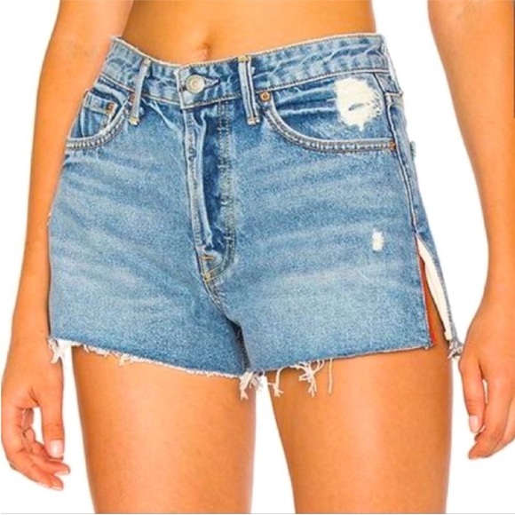 GRLFRND Cindy Button Fly Raw Hem High Rise Cut Off Denim Jean Shorts side slits - Picture 2 of 14